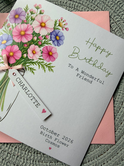 Personalised October Birthday Flower Card - Pink and Purple Cosmos