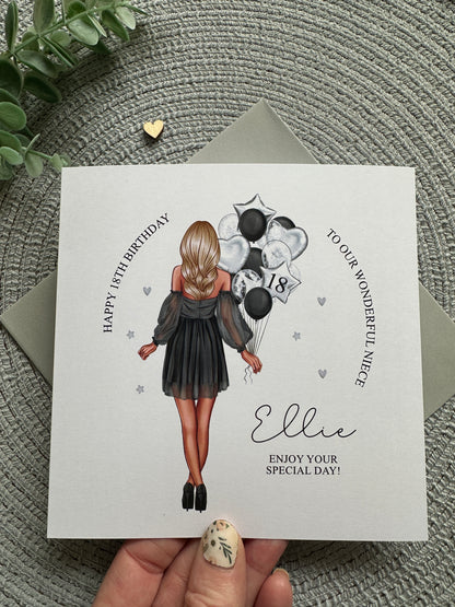 Personalised Birthday Girl Balloons Card, 16th 18th, 21st, 30th, 40th, 50th, Any Relation