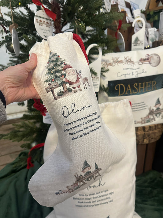 Personalised Christmas Stocking Santa and Reindeer with poem and place name