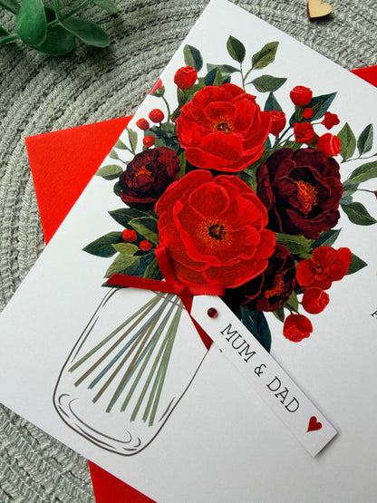 Personalised Anniversary Card, Handmade Ruby Floral Wedding Anniversary For Mum Dad Grandparents Friends, Any Years