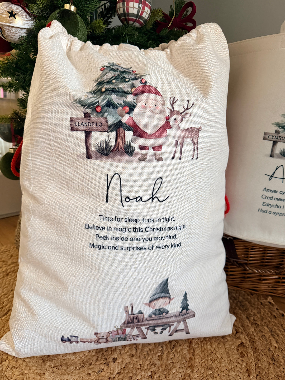 Personalised Christmas Sack or Basket with Child’s Name – Santa & Reindeer