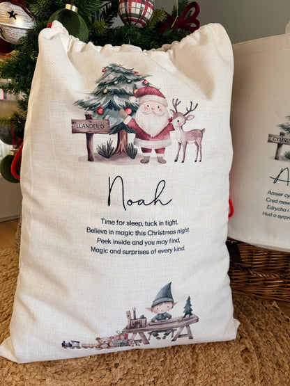 Personalised Christmas Sack or Basket with Child’s Name – Santa & Reindeer