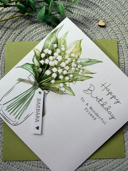 Personalised Birthday Card - Lily of the Valley Flowers - Mum, Friend, Auntie, Wife, Daughter, Sister