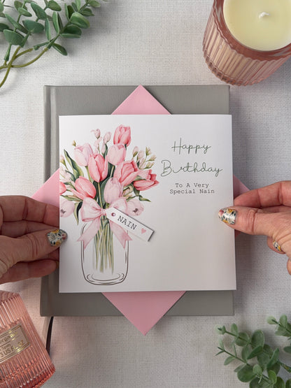 Personalised Birthday Card - Tulips - Mum, Friend, Auntie, Wife, Daughter, Sister