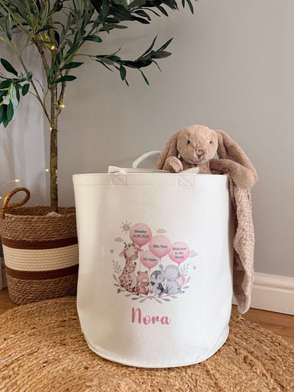 Personalised New Baby Gift Basket with Baby Details & Safari Animals