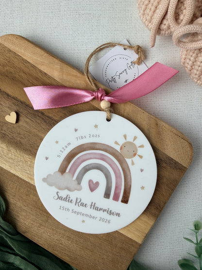 Personalised Handmade New Baby Keepsake | Rainbow Theme | Decoration | English or Welsh | Hanging Gift | Matching Card