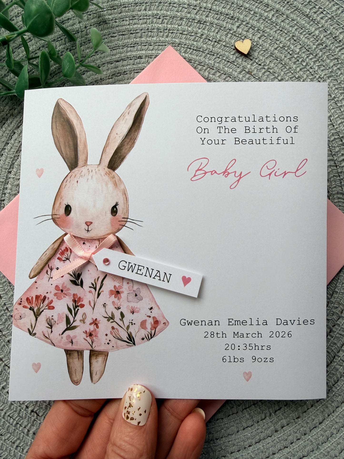 Personalised New Baby Girl Card, Floral Bunny Handmade Card with Custom Name Tag