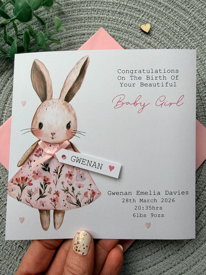 Personalised New Baby Girl Card, Floral Bunny Handmade Card with Custom Name Tag