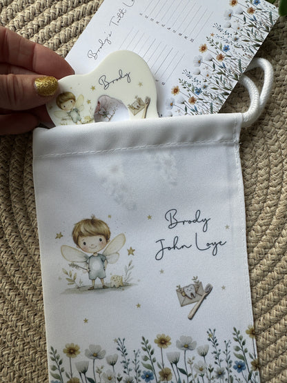 Personalised Tooth Boys Fairy Bag, Chart & Coin Holder Set, Custom Tooth Loss Keepsake, Tooth Fairy Gift Set with Pouch