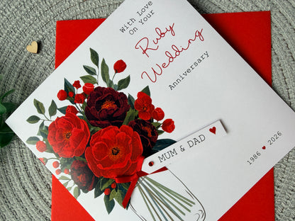 Personalised Anniversary Card, Handmade Ruby Floral Wedding Anniversary For Mum Dad Grandparents Friends, Any Years