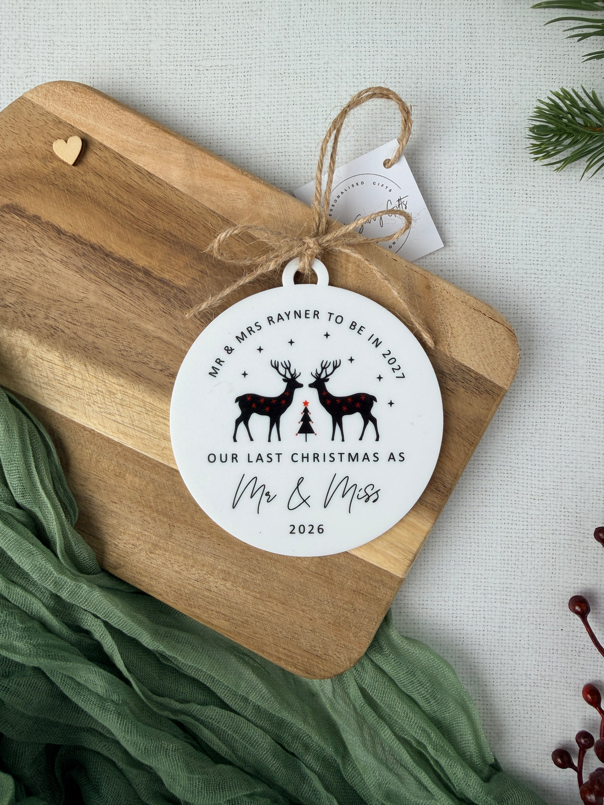 Personalised Last Christmas as Mr and Miss Bauble - Last Christmas 2026 Decoration, Tree Decoration, Wedding in 2027 - English or Welsh - Mr & Mrs to be - Mrs and Mrs to be
