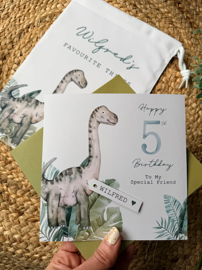 Personalised Boys Dinosaur Bag – Birthday Gift, Toy Bag, Optional Matching Card