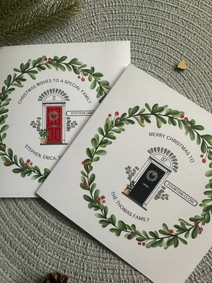 Personalised Christmas Tea Towel; Christmas Front Door with address details