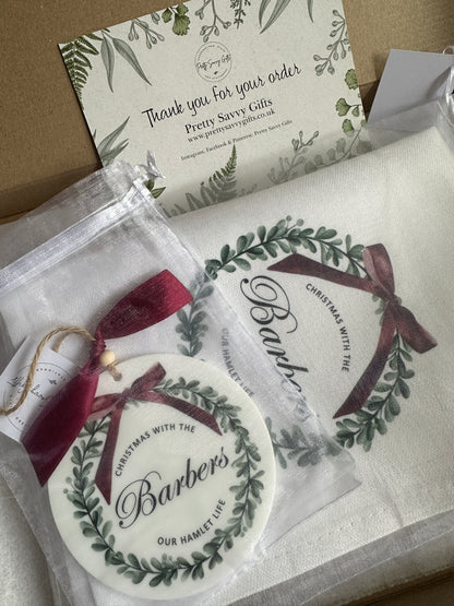 Personalised Christmas Red Bow Tea Towel; Christmas with the Family