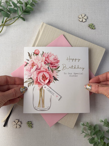 Personalised Birthday Card - Peony Flowers - Mum, Friend, Auntie, Wife, Daughter, Sister