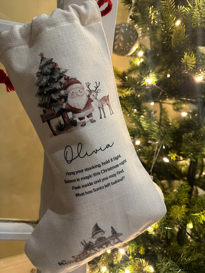 Personalised Christmas Stocking Santa and Reindeer with poem and place name