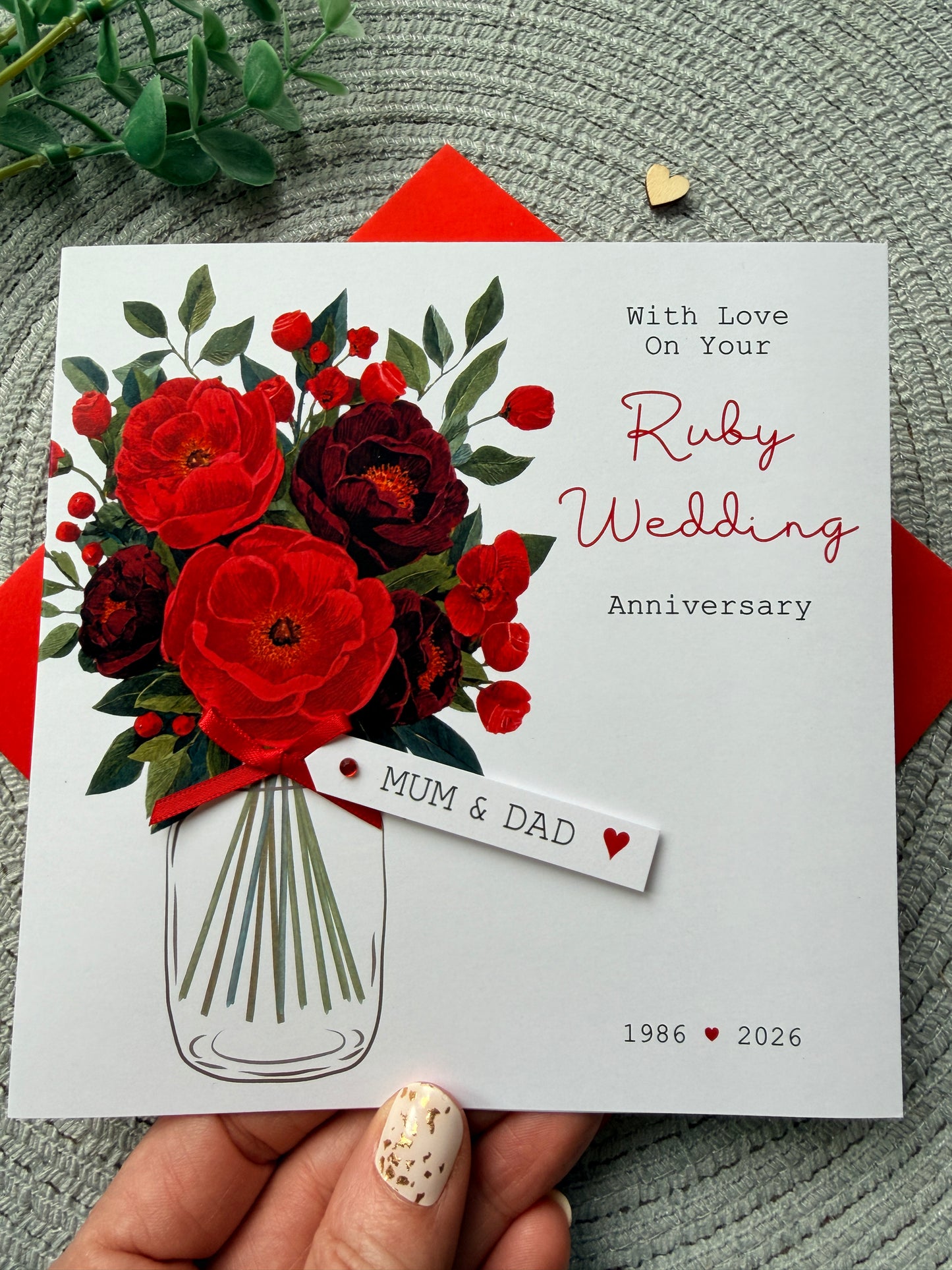 Personalised Anniversary Card, Handmade Ruby Floral Wedding Anniversary For Mum Dad Grandparents Friends, Any Years