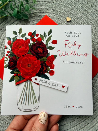Personalised Anniversary Card, Handmade Ruby Floral Wedding Anniversary For Mum Dad Grandparents Friends, Any Years