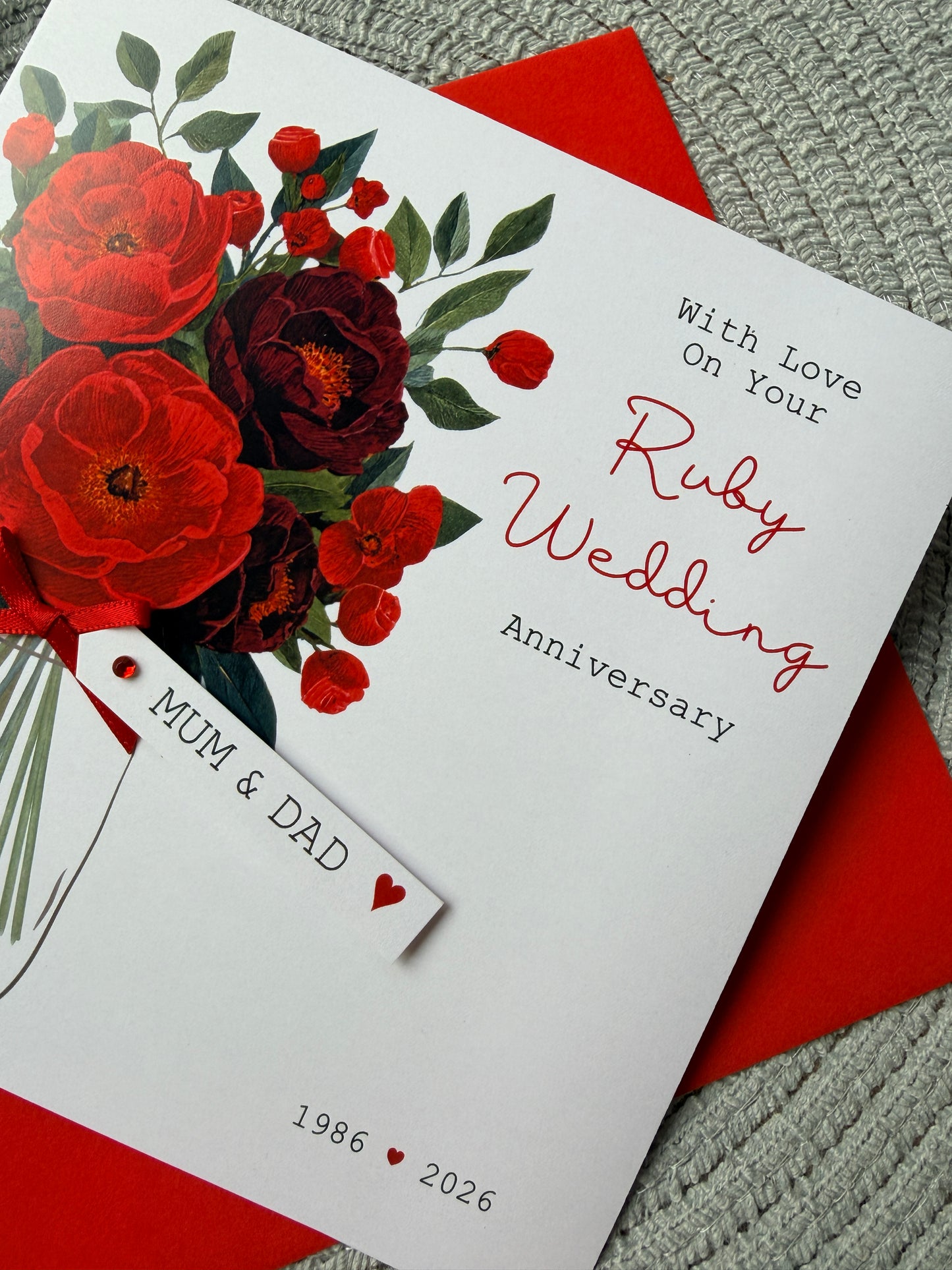 Personalised Anniversary Card, Handmade Ruby Floral Wedding Anniversary For Mum Dad Grandparents Friends, Any Years