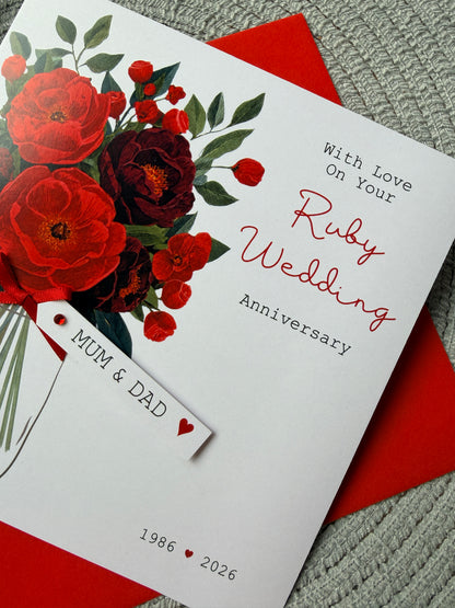 Personalised Anniversary Card, Handmade Ruby Floral Wedding Anniversary For Mum Dad Grandparents Friends, Any Years