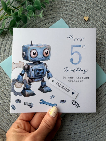 Personalised Robot Birthday Card,  Any Age Children's Card for Son, Grandson, Friend, Nephew etc with Custom Name Tag