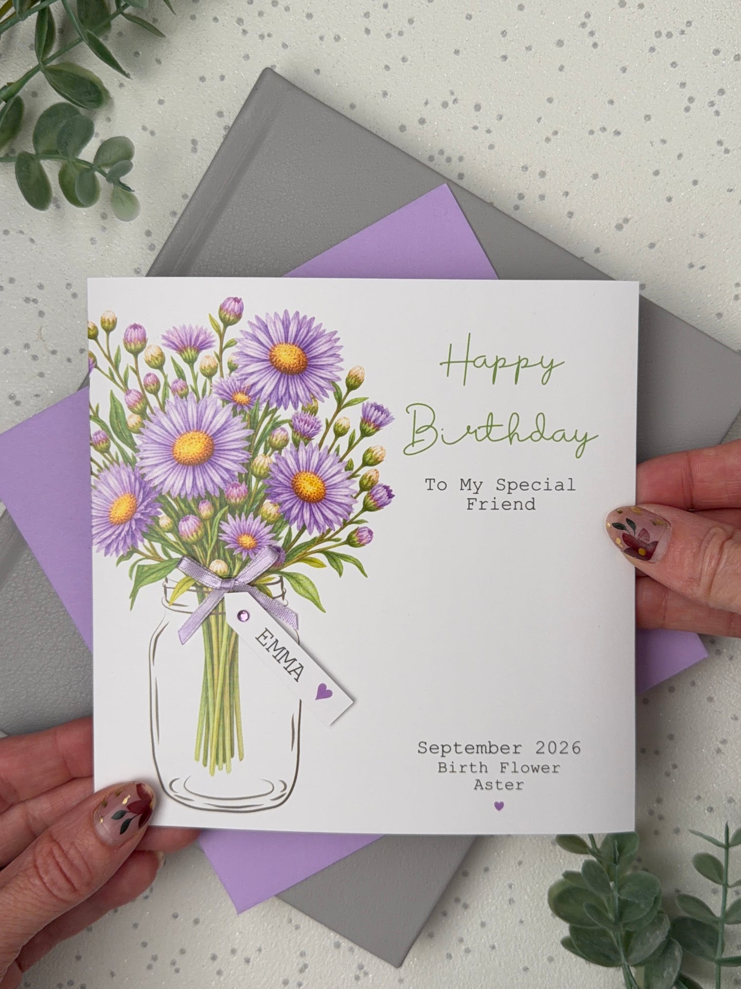 Personalised September Birthday Flower Card - Purple Aster