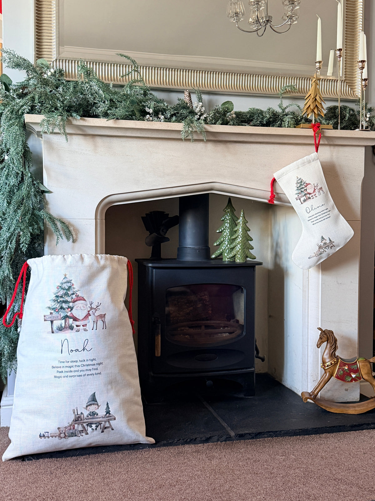Personalised Christmas Sack or Basket with Child’s Name – Santa & Reindeer