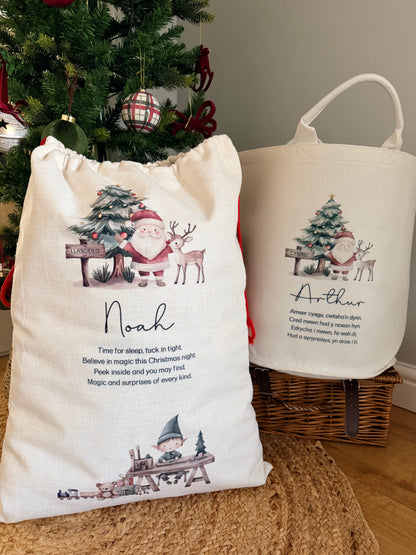 Personalised Christmas Sack or Basket with Child’s Name – Santa & Reindeer