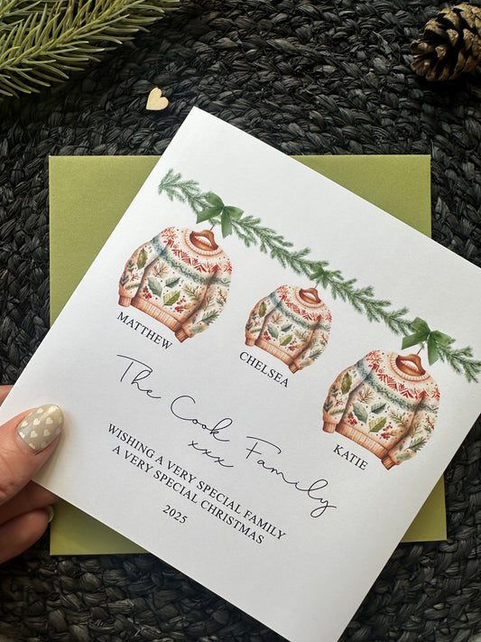 Personalised Family Christmas Card: Green Christmas Jumper Design, Custom Names and Family Name