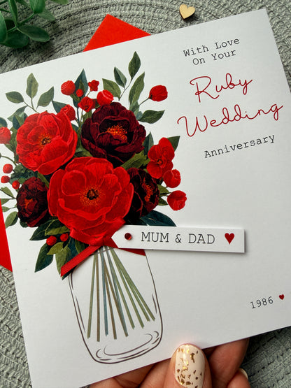Personalised Anniversary Card, Handmade Ruby Floral Wedding Anniversary For Mum Dad Grandparents Friends, Any Years