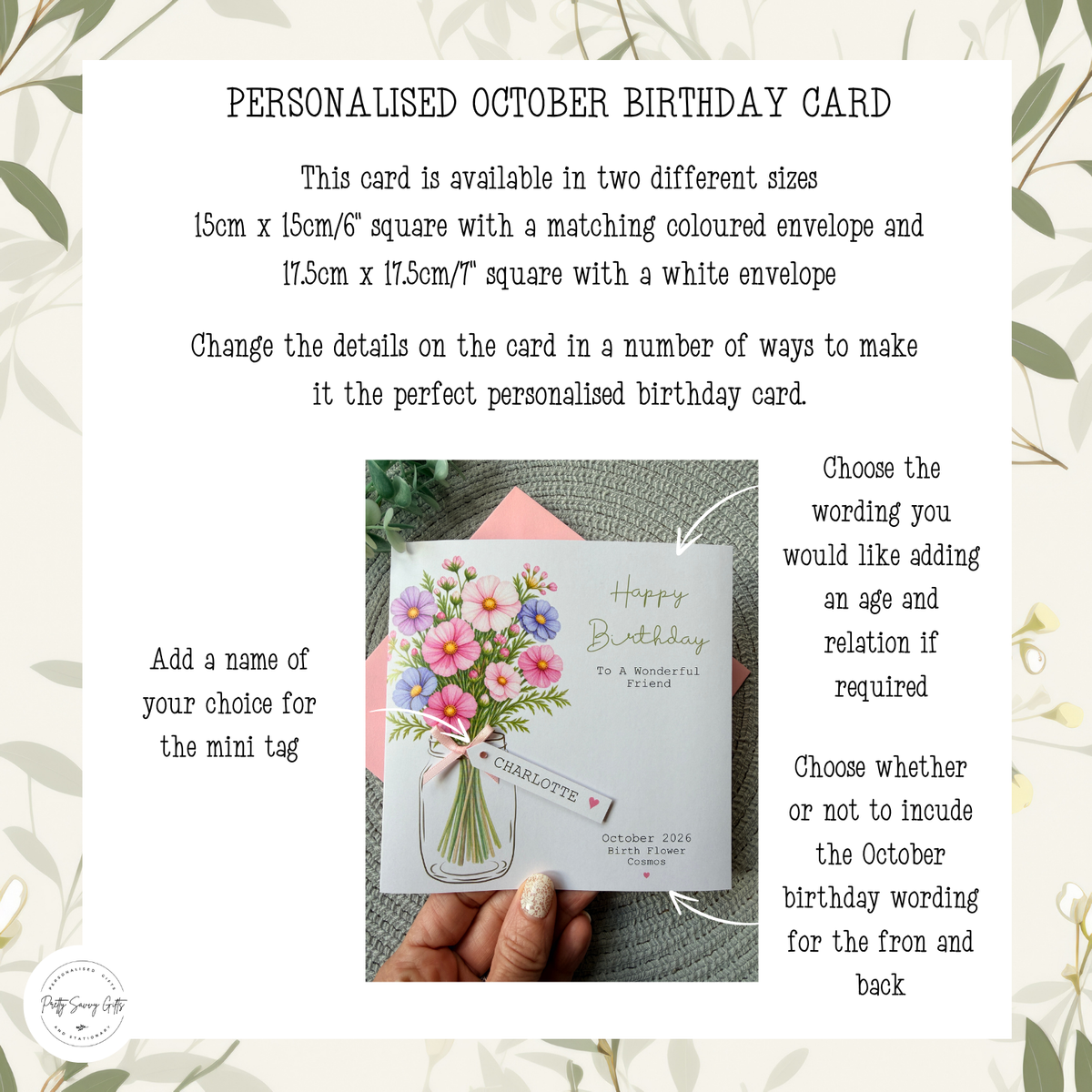 Personalised October Birthday Flower Card - Pink and Purple Cosmos