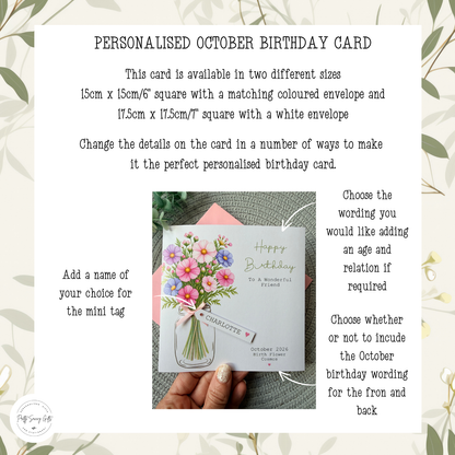 Personalised October Birthday Flower Card - Pink and Purple Cosmos