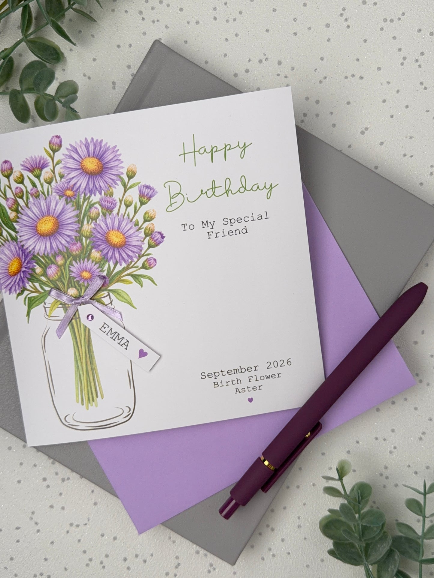 Personalised September Birthday Flower Card - Purple Aster