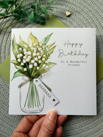 Personalised Birthday Card - Lily of the Valley Flowers - Mum, Friend, Auntie, Wife, Daughter, Sister