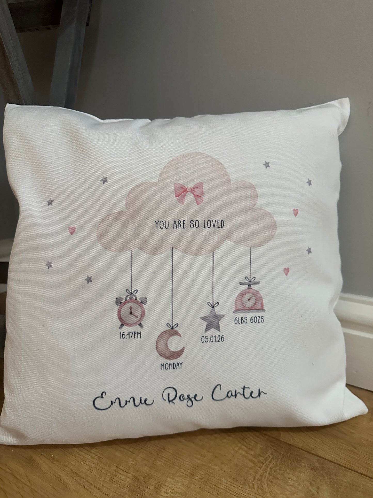 Personalised Cushion with Cloud and Baby's Birth Details