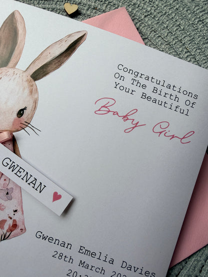 Personalised New Baby Girl Card, Floral Bunny Handmade Card with Custom Name Tag