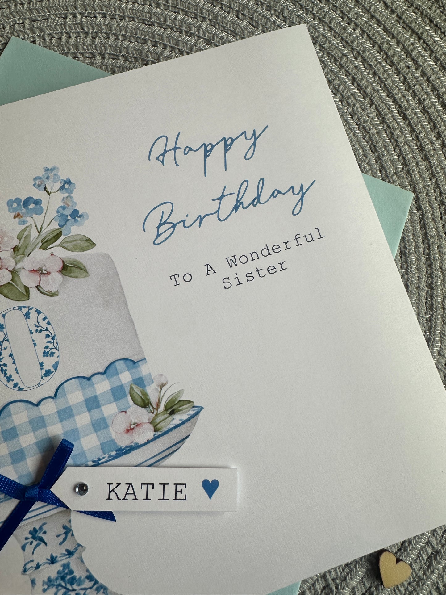 Personalised birthday card with blue florals and gingham check.