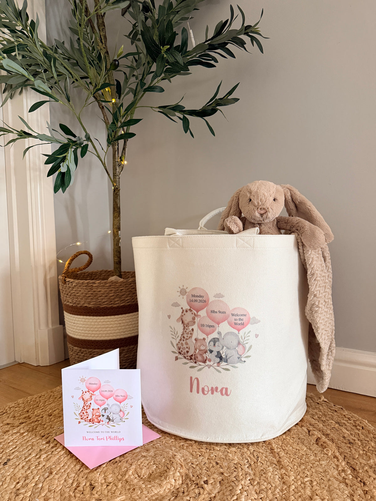 Personalised New Baby Gift Basket with Baby Details & Safari Animals