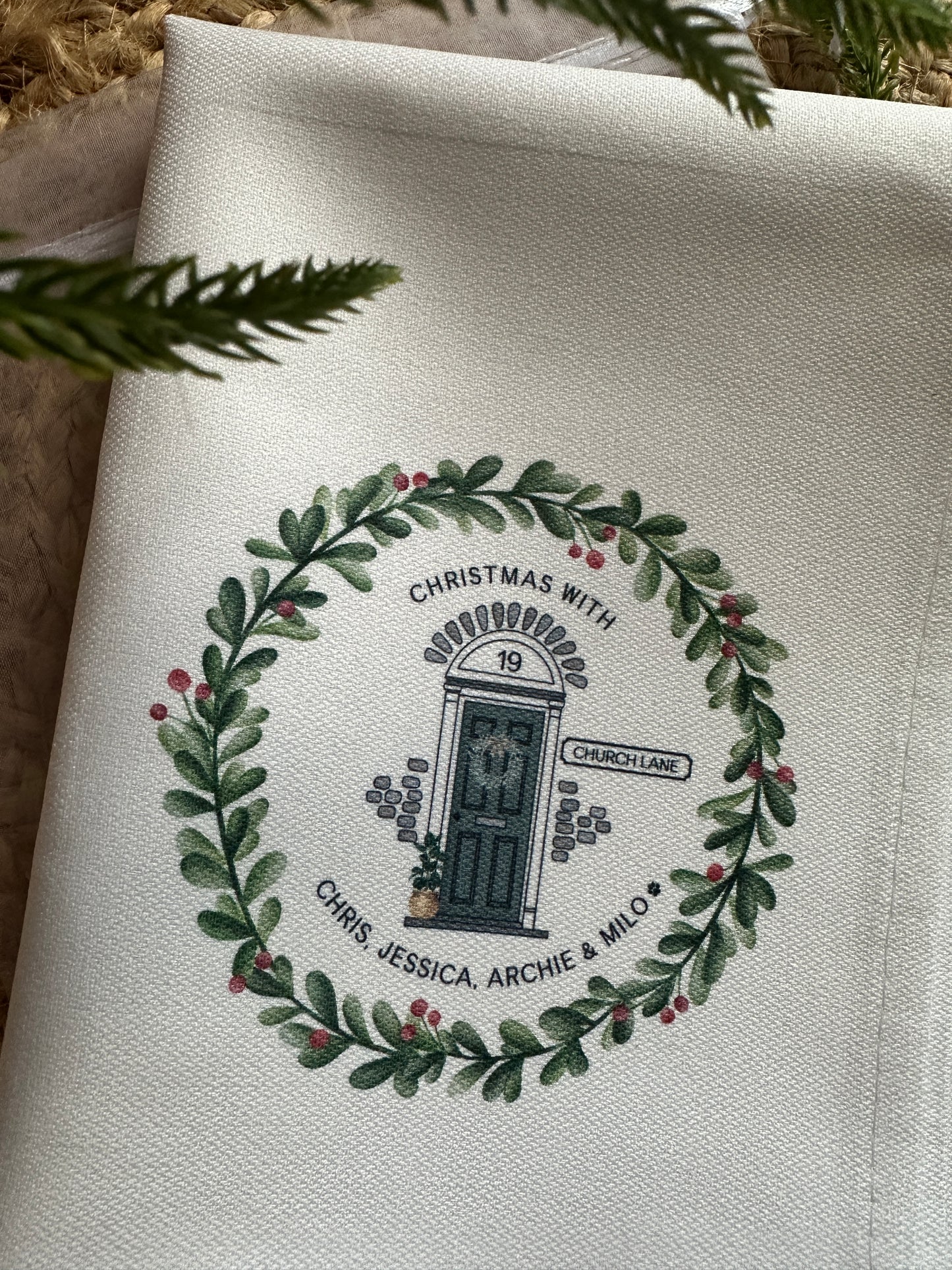 Personalised Christmas Tea Towel; Christmas Front Door with address details