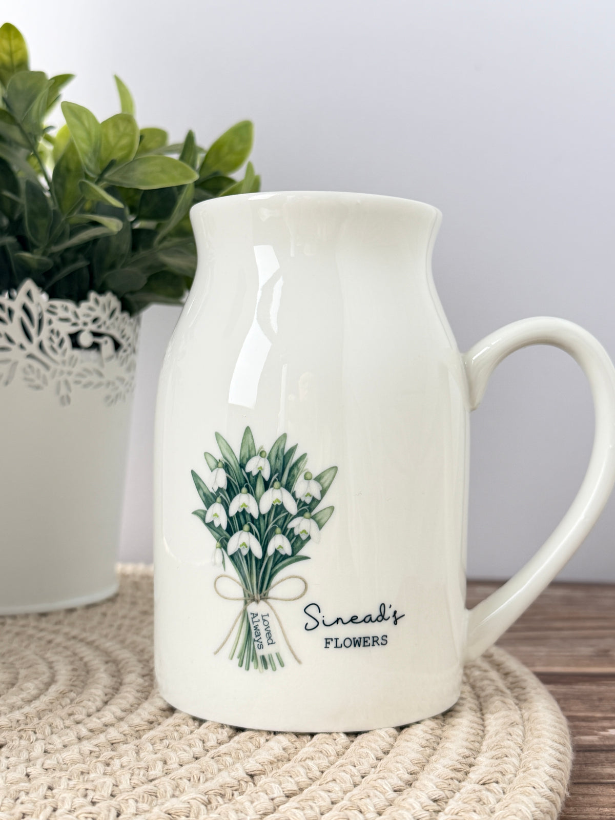 Personalised January birth flower jug featuring a watercolour snowdrop design, custom name and personalised mini message tag