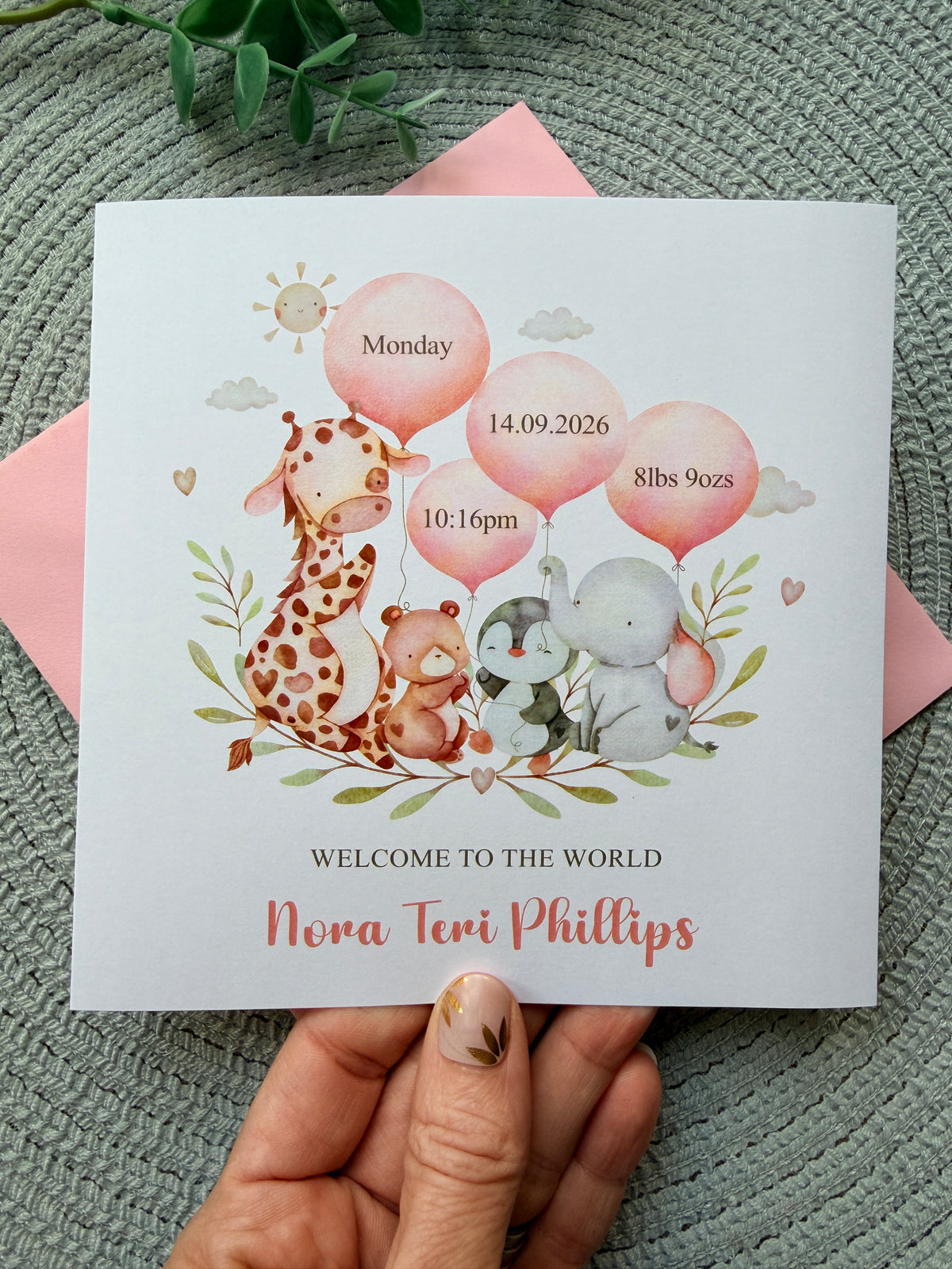 Personalised New Baby Gift Basket with Baby Details & Safari Animals