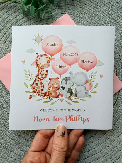 Personalised New Baby Gift Basket with Baby Details & Safari Animals