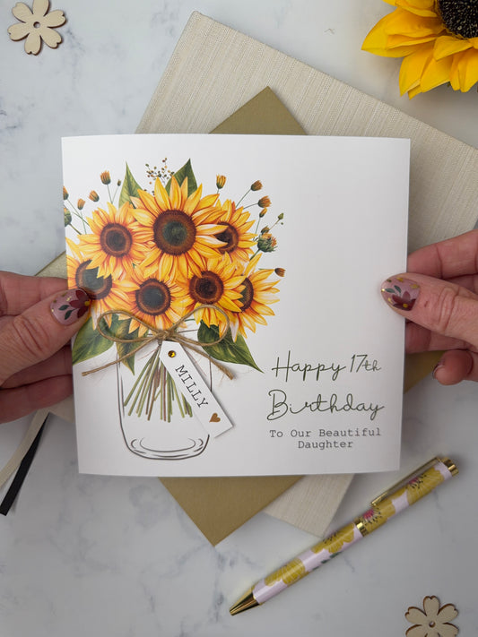 Personalised Birthday Card - Sunflowers - Mum, Friend, Auntie, Wife, Daughter, Sister