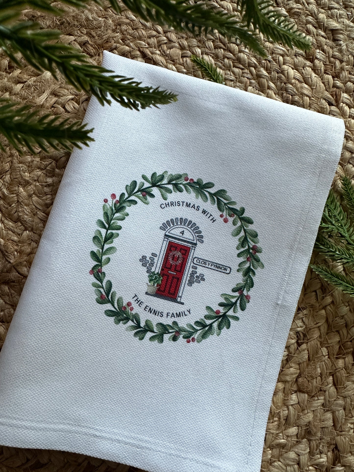 Personalised Christmas Tea Towel; Christmas Front Door with address details