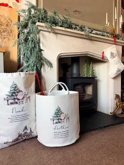 Personalised Christmas Sack or Basket with Child’s Name – Santa & Reindeer
