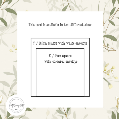 Card with text about card sizes and envelopes on a floral background