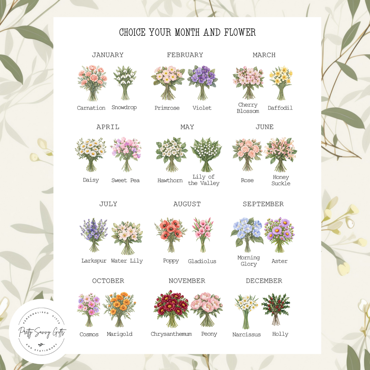 Personalised birth flower jug designs showing 24 birth flowers across all 12 months, with two flower choices per month.