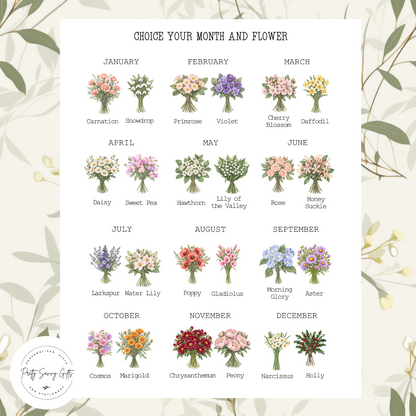 Personalised birth flower jug designs showing 24 birth flowers across all 12 months, with two flower choices per month.