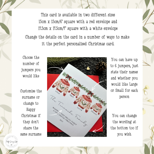 Personalised Family Christmas Card: Red Christmas Jumper Design, Custom Names and Family Name