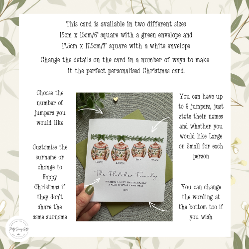 Personalised Family Christmas Card: Green Christmas Jumper Design, Custom Names and Family Name